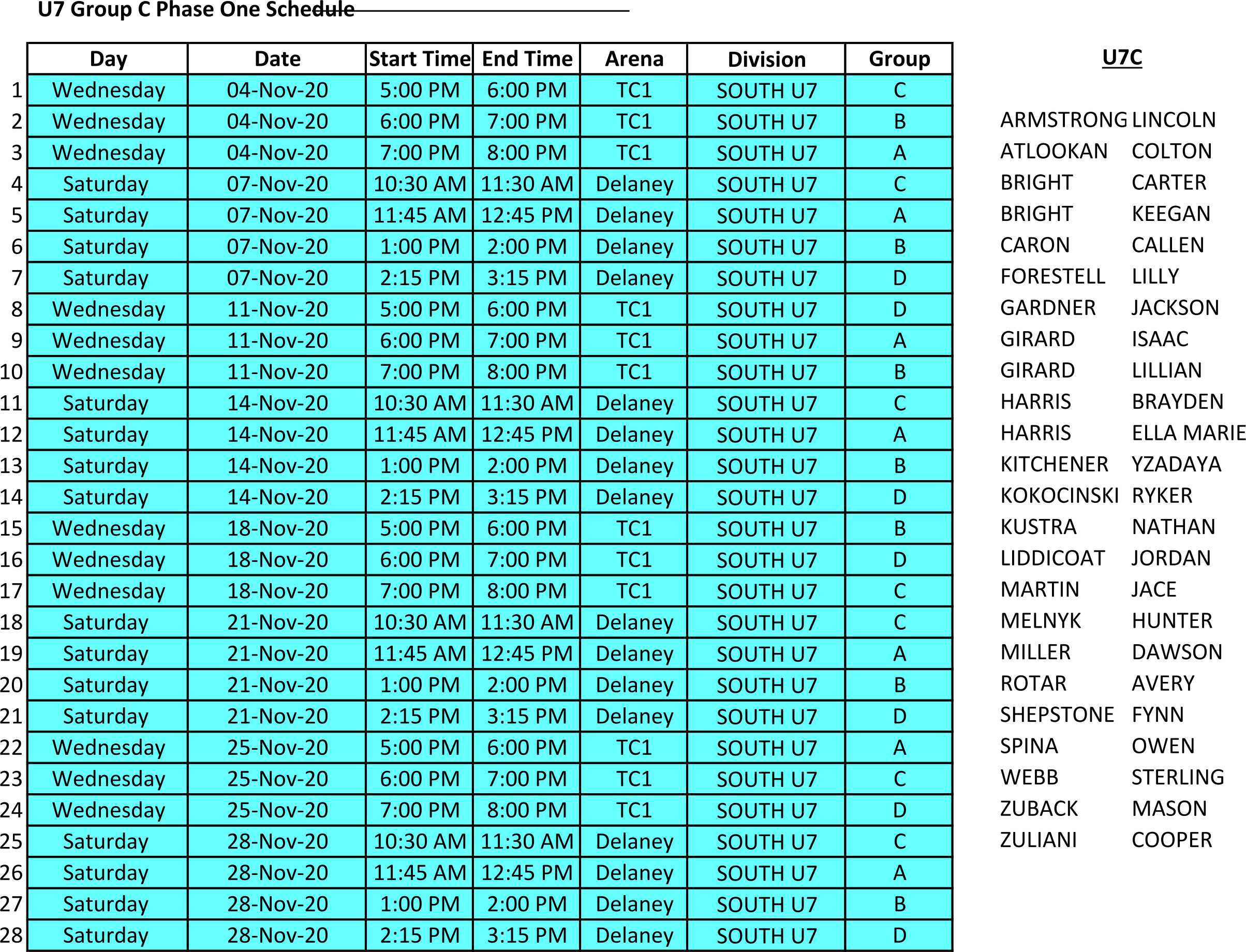 U7 South Step1 Schedule U7 South Step1 Schedule