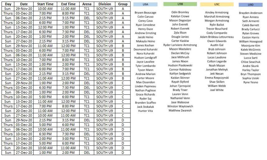U9 December Schedule U9 December Schedule