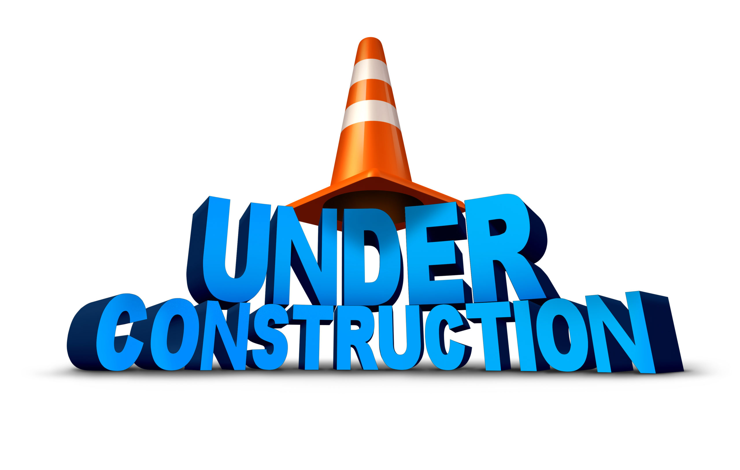 Under construction symbol as three dimensional text with a traffic cone as an icon for the technology concept of updating a website or remodeling and fixing a broken structure on a white background.